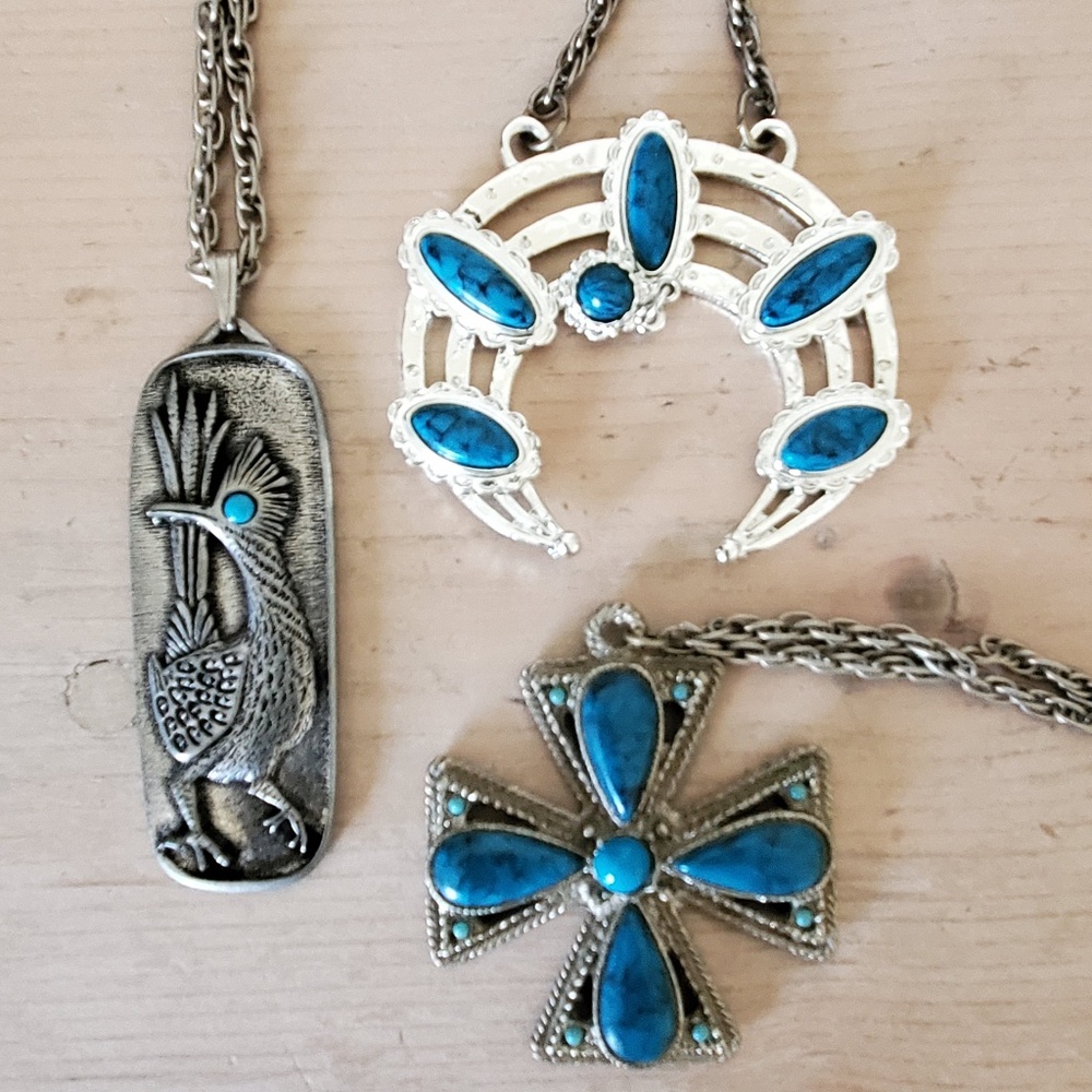 Vintage Ethnic Silvertone J. RItter Faux Turquoise Pendant Necklace Bundle